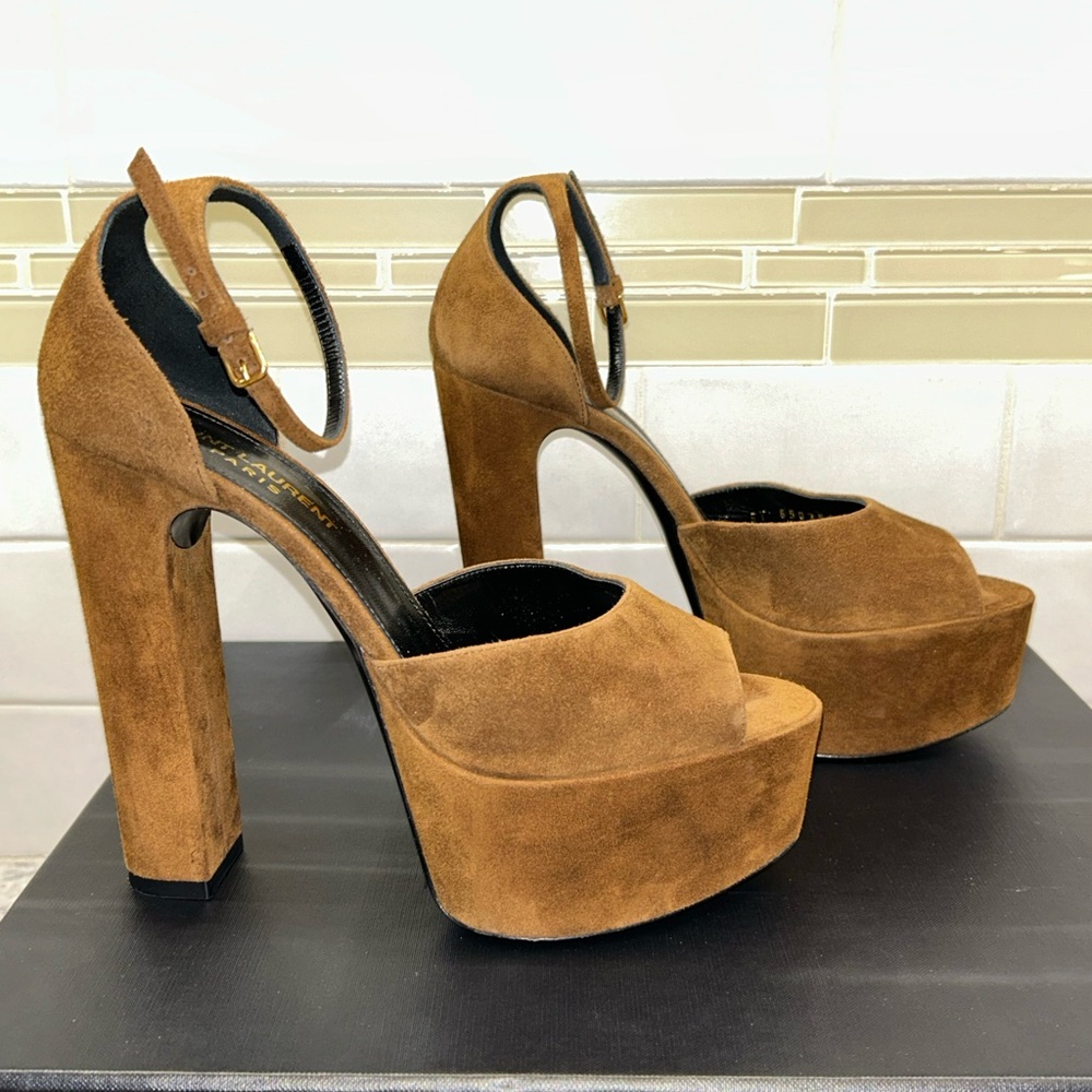 Saint Laurent Tan Suede Platform Heels - Picture 5 of 10